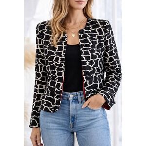 Flores & Flores Silk Blazer Jacket‎ Black White Giraffe Print Red Lined 8